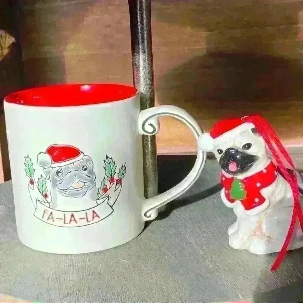 NEW SET of 2 BLUE SKY Pug SET including double Sided PUG MUG & Pug Ornament